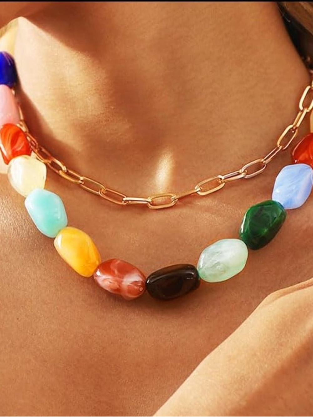 Anthropologie Multicolor Beaded Necklace with Gold Link Chain